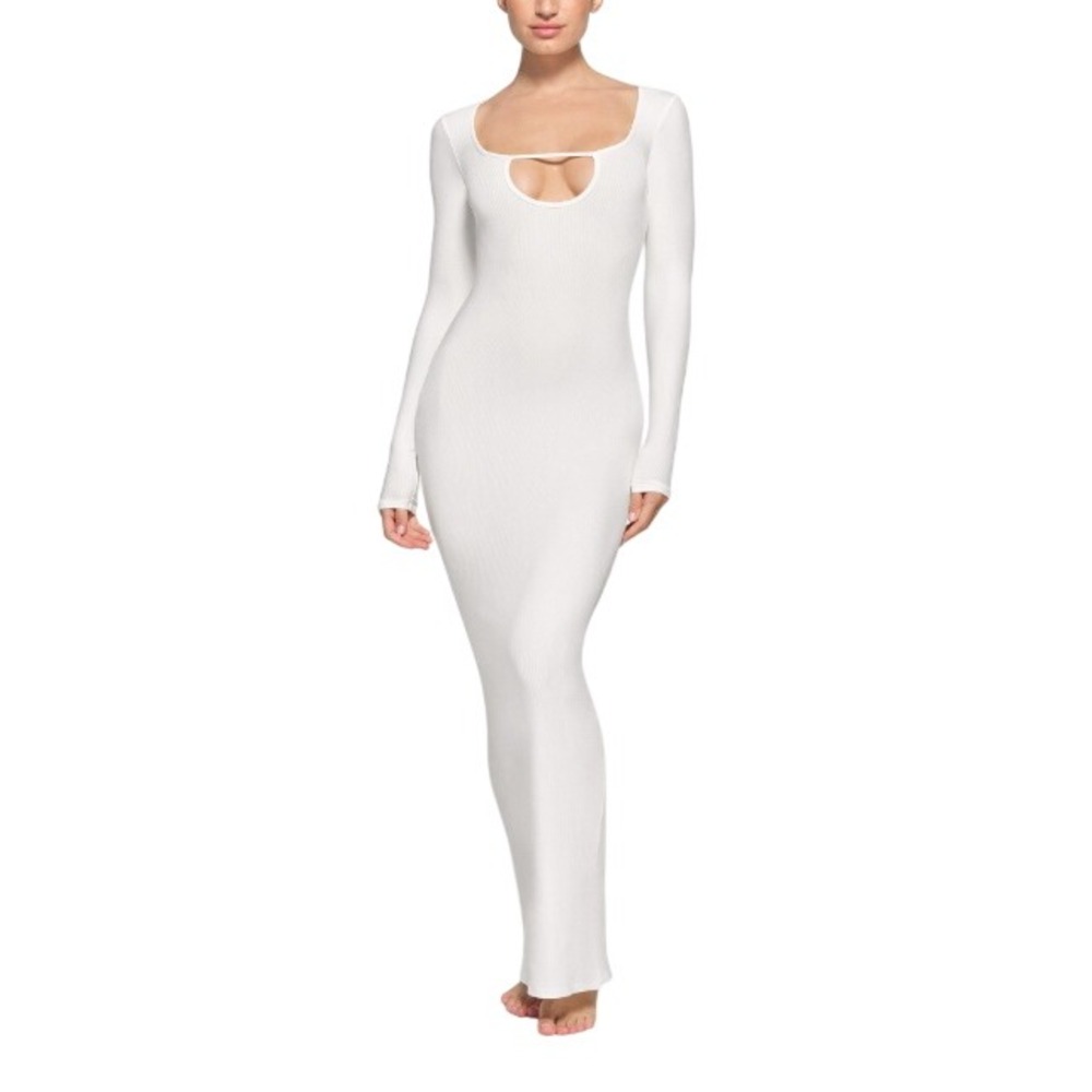 Skims Soft Lounge‎ Long Sleeve Keyhole Dress Marble White Ribbed Maxi 2X
